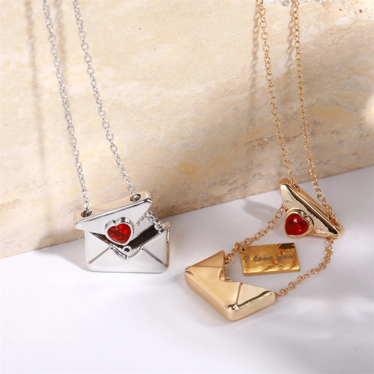 Yukona Crimson Mail: Heart-Inlaid Envelope Necklace
