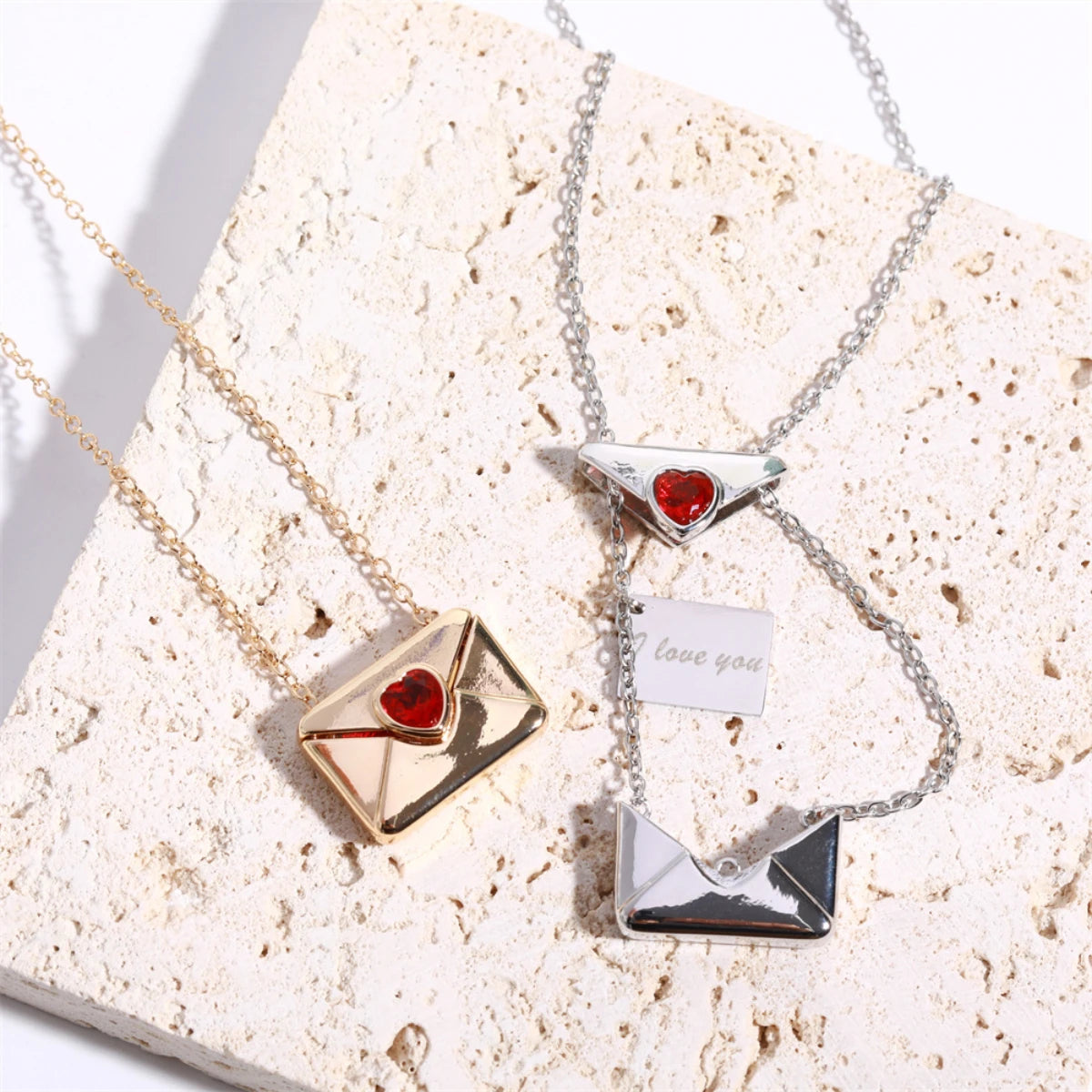 Yukona Crimson Mail: Heart-Inlaid Envelope Necklace