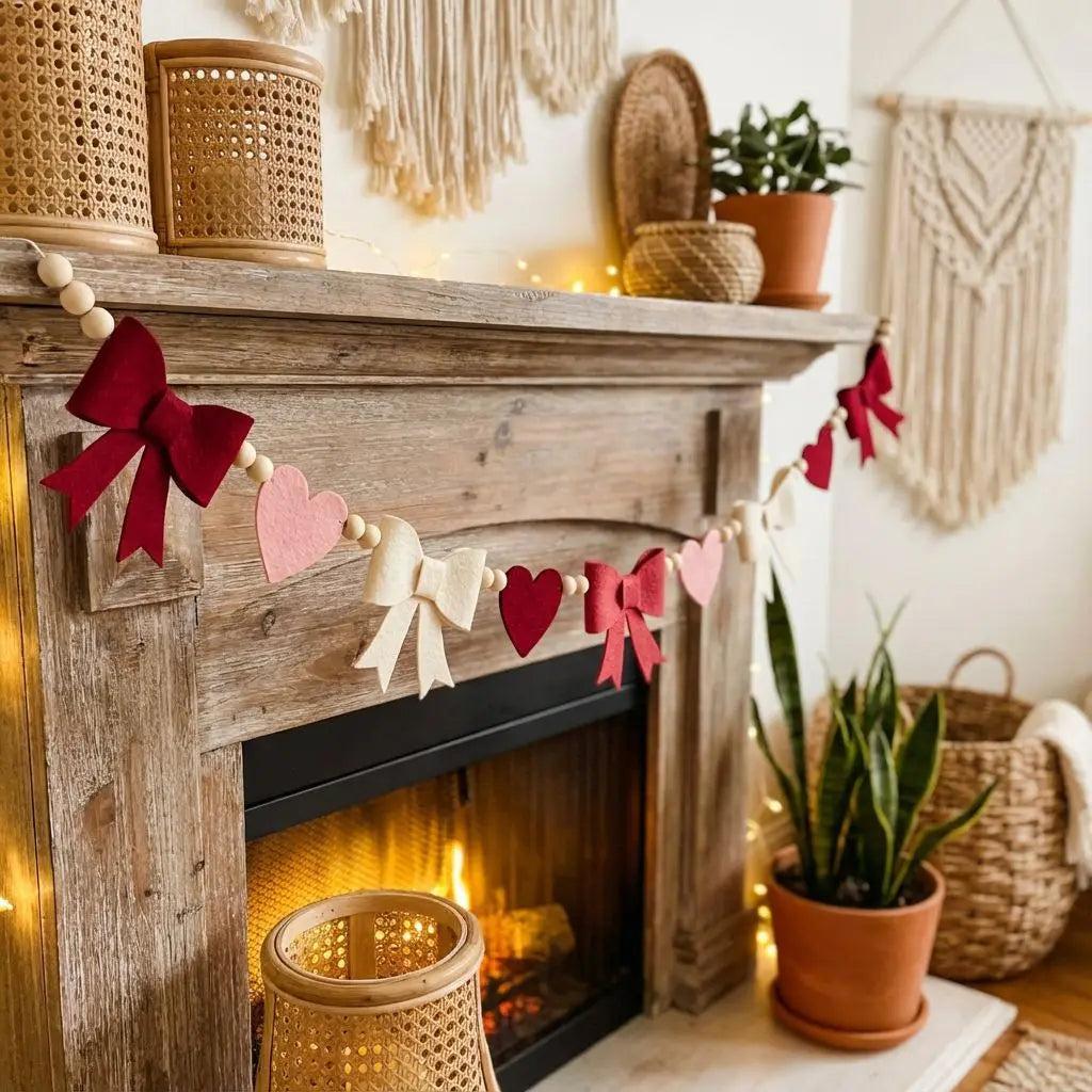 Valentine’s Day LOVE Heart Pompom Banner Bunting Decor Valentines Theme Party Decoration Festive Hanging Home Accessories