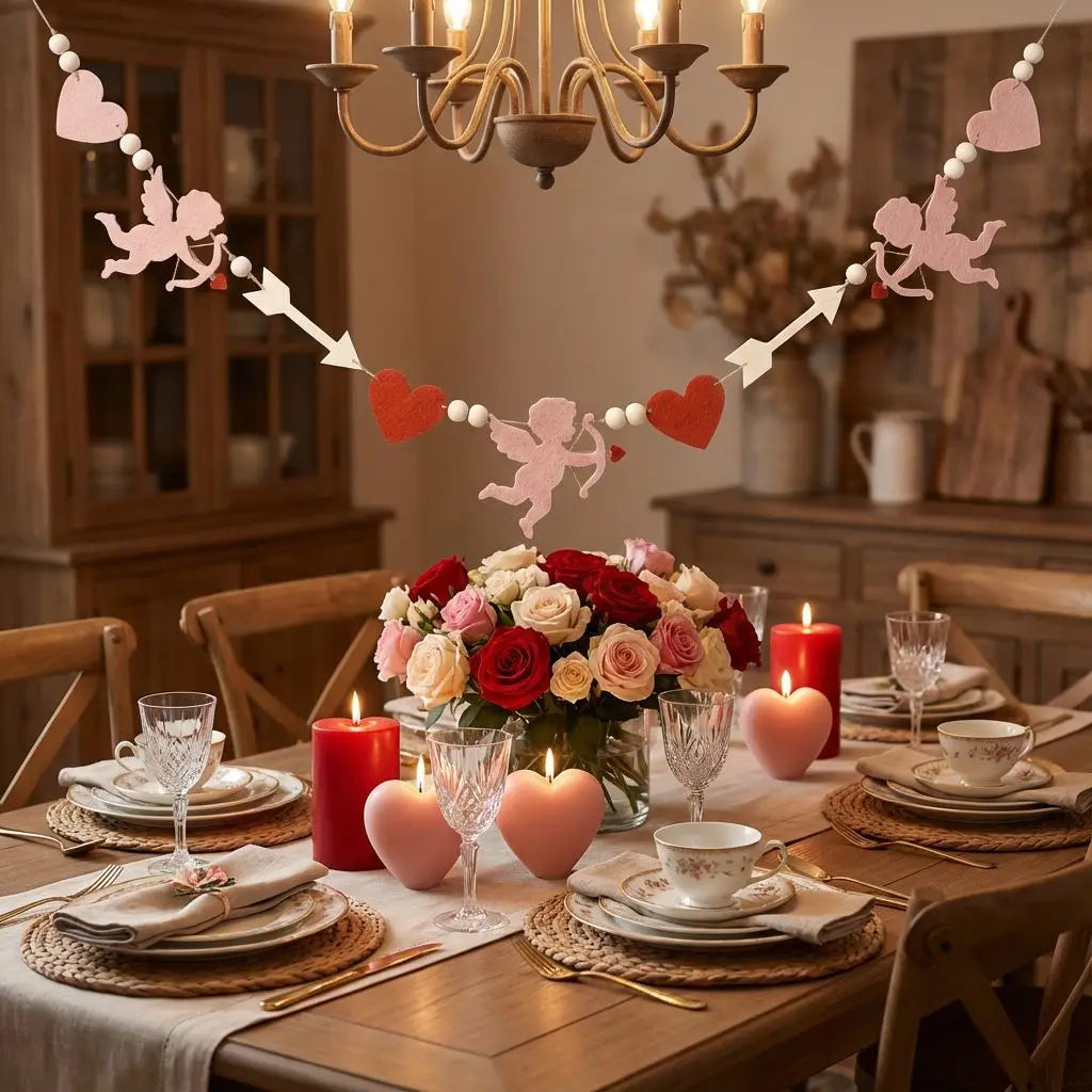 Valentine’s Day LOVE Heart Pompom Banner Bunting Decor Valentines Theme Party Decoration Festive Hanging Home Accessories