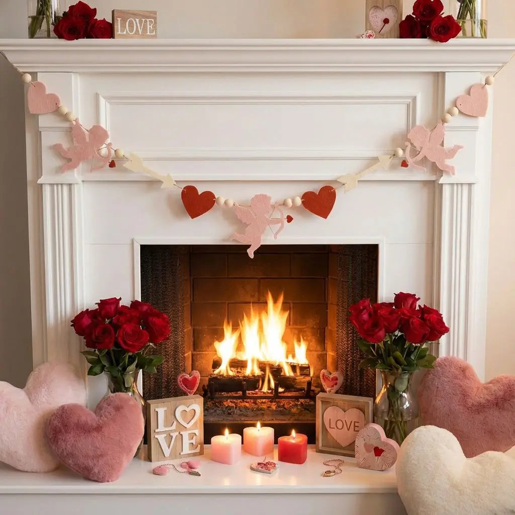 Valentine’s Day LOVE Heart Pompom Banner Bunting Decor Valentines Theme Party Decoration Festive Hanging Home Accessories