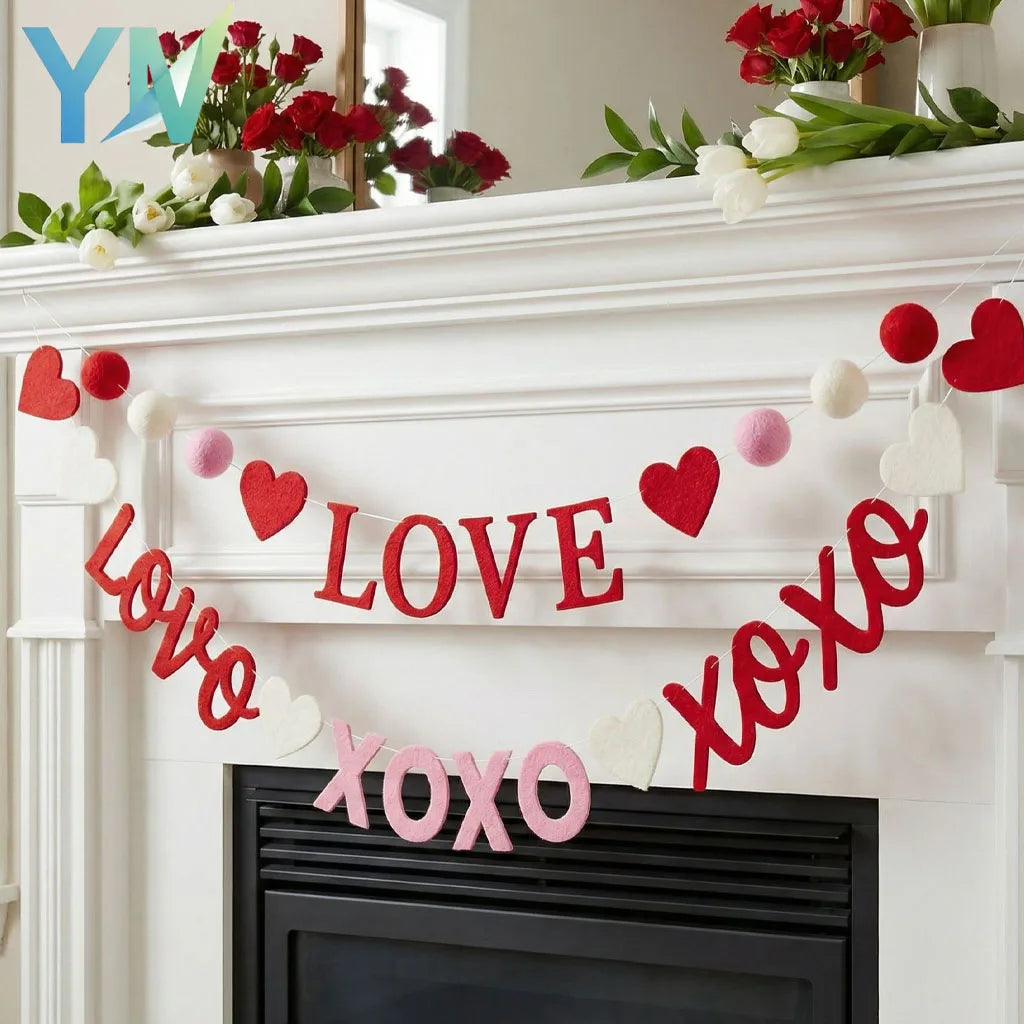 Valentine’s Day LOVE Heart Pompom Banner Bunting Decor Valentines Theme Party Decoration Festive Hanging Home Accessories
