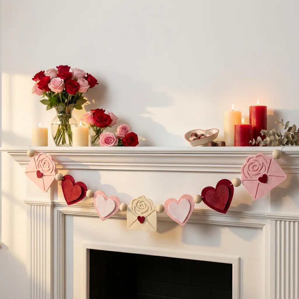 Valentine’s Day LOVE Heart Pompom Banner Bunting Decor Valentines Theme Party Decoration Festive Hanging Home Accessories